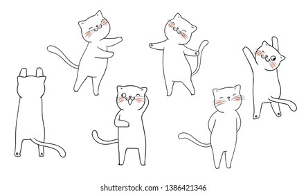 Draw vector illustration set outline of cat different pose.Doodle cartoon style.