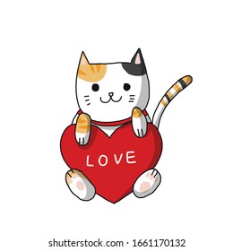 Draw vector illustration a sitting cat hold a heart with the word "LOVE" for valentine's day. Isolated vector