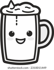 Draw a vector illustration of a smiling face on a glass of beer. black and white colors.