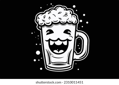 Dibujar una ilustración vectorial de una cara sonriente en un vaso de cerveza. colores blanco y negro.