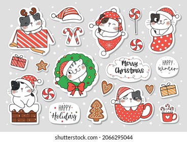 Draw vector illustration sticker printable design funny cats for christmas and winter Cartoon style