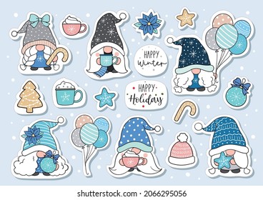 Zeichnen Sie Vektorgrafik-Aufkleber bedruckbare Design-süße Zwerge für Weihnachten und Winter-Cartoon-Stil