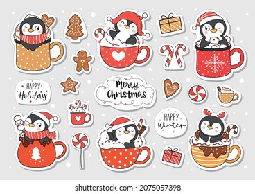 Draw vector illustration sticker printable design penguin with christmas drink for new year and winter Cartoon style