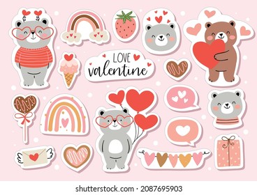 Draw vector illustration sticker printable design happy bear with love for valentine day Cartoon style