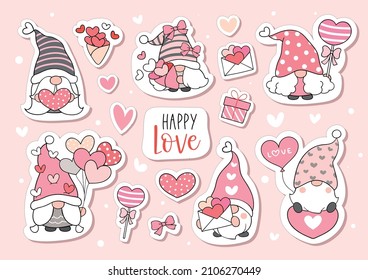 Zeichnen Sie Vektorgrafik-Aufkleber bedruckbaren Design-Gnome mit Liebe für valentiner Tage Cartoon-Stil