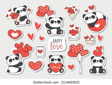 Draw vector illustration sticker printable design baby panda bear happy love for valentine day Cartoon style