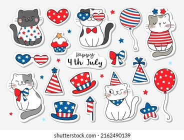 Draw vector illustration sticker printable design funny cat for 4th of July Cartoon style