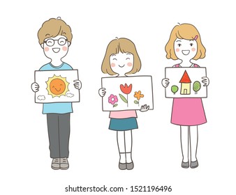 Draw vector illustration student a girl and a boy show their drawing School concept.Isolated on white.Doodle cartoon style.