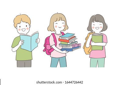 Draw vector illustration student a girl and a boy with holding books School concept.Isolated on white.Doodle cartoon style.