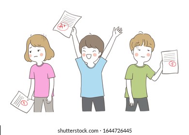 Draw vector illustration student holding them result paper with different emotion.School concept.Isolated on white.Doodle cartoon style.