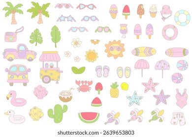 Draw vector illustration. summer party. Tropical element, Retro beach Printable.  summer Cartoon style