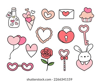 Draw vector illustration sweet doodle elements for valentine Pastel color Doodle cartoon style