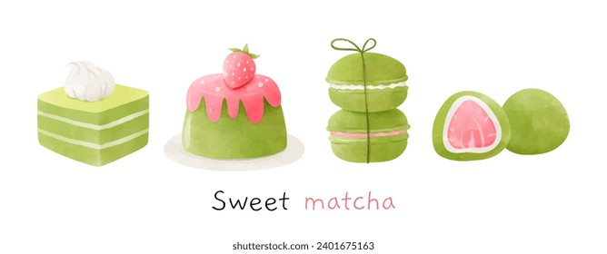 Draw vector illustration sweet matcha dessert Green tea food Watercolor style