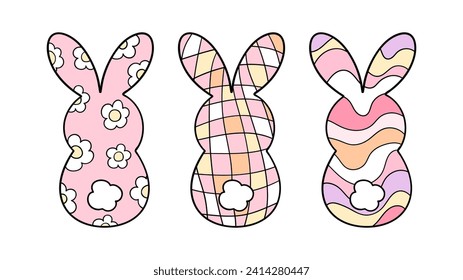 Zeichnen Sie Vektorgrafik süße rerto marshmallow bunny Süßigkeiten Groovy Oaster Spring Doodle Cartoon Stil