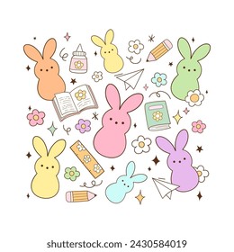 Draw vector illustration teacher bunny candy Rerto easter spring Printable school sublimation for shirt Doodle cartoon style