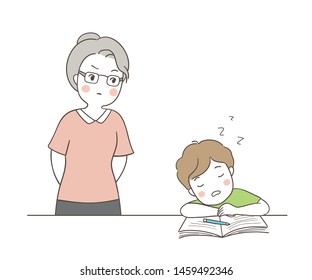 Draw vector illustration teacher looking at a boy sleeping in classroom.Isolate on white.Doodle cartoon style.