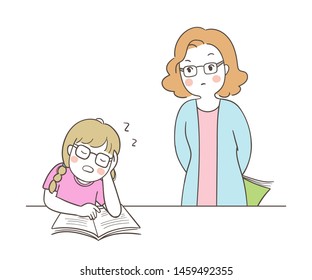 Draw vector illustration teacher looking at a girl sleeping in classroom.Isolate on white.Doodle cartoon style.