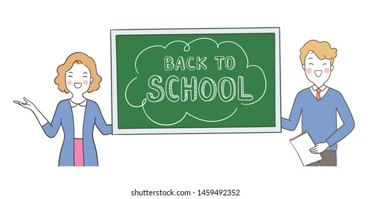 Draw vector illustration teacher standing with blackboard and write word back to school.Isolate on white.Doodle cartoon style.