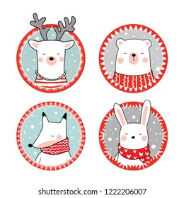 Draw vector illustration white animal bear rabbit fox and deer in red frame for Christmas day.Doodle cartoon style.