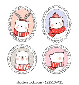 Draw vector illustration white bear in vintage frame for Christmas day and new year.Doodle cartoon style.