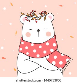 Dibuja ilustraciones vectoriales oso blanco con pañuelo de belleza en pastel dulce para la temporada de otoño. Estilo caricatura Doodle.