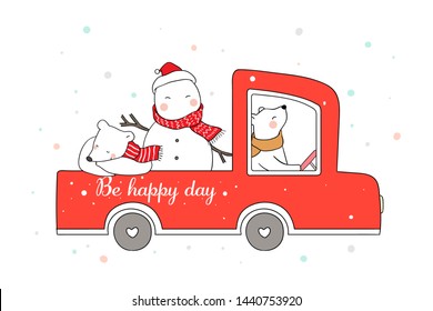 Draw vector illustration white bear drive red car carry snowman for winter season.Doodle cartoon style.