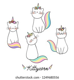 Draw vector illustration white cat with flower on head and word kitty unicorn.Isolated on white.Doodle cartoon style.