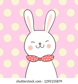 Draw vector illustration white rabbit with  beauty pink bow on sweet pastel.Doodle cartoon style.