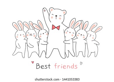 Draw vector illustration white rabbit and bear hug with love and word best friends.Isolated on white.Doodle cartoon style.