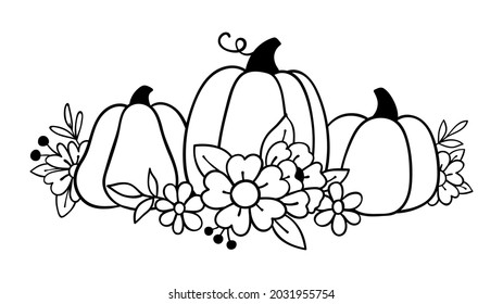 Draw vector illustration wildflower pumpkin for autumn and fall season Doodle outline style