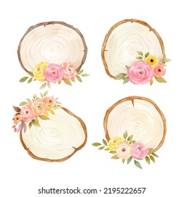 Draw vector illustration wooden slice circle shape with floral arrangement Watercolor style