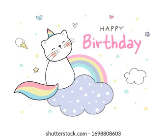 Draw vector kittycorn sitting on cloud and beauty rainbow on white for birthday,card,poster,cover,print.Doodle cartoon style.