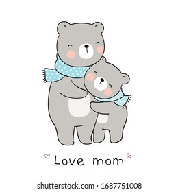 Draw vector mom bear   baby hug and love white For mother'day Doodle cartoon style 