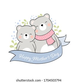 Draw vector mom bear and baby with blue ribbon on white.For mother'day.Doodle cartoon style.