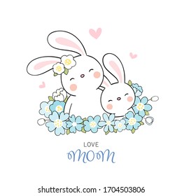 Draw vector mom rabbit and baby with blue flower on white.For mother'day.Doodle cartoon style.