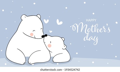 Draw vector polar kiss mom with love in snow For mother's day Doodle cartoon style