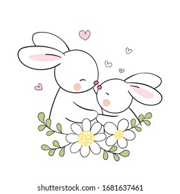 Draw vector rabbit mom and baby with little heart and beauty flower on white.For mother'day.Doodle cartoon style.