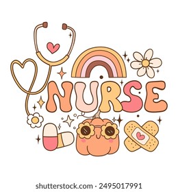 Draw vector retro nurse life for halloween Trendy retro Printable shirt Doodle style