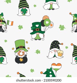 Draw vector seamless pattern background St patrick gnomes Doodle cartoon style
