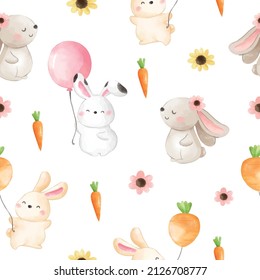 Draw vector seamless pattern background cute bunny for Easter day and spring Watercolor style