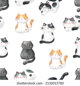 Draw vector seamless pattern background cute cat Watercolor style