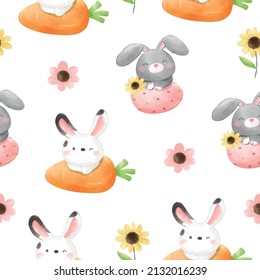 Draw vector seamless pattern background bunny for Easter day and spring Watercolor style