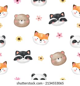 Draw vector seamless pattern background happy face animal with little flower Watercolor style