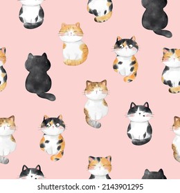 Draw vector seamless pattern background cute cat on pink color Watercolor style