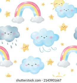 Draw vector seamless pattern background cute weather printable for kids Watercolor style