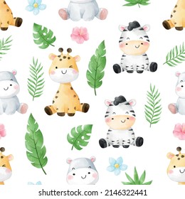 Draw vector seamless pattern background baby safari animal Printable for kids Watercolor style