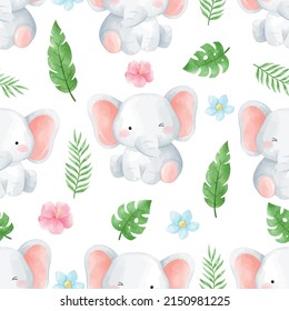 Draw vector seamless pattern background baby elephant Safari animal Printable for kids Watercolor style