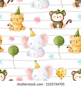 Draw vector seamless pattern background baby safari animal party Printable for kids Watercolor style