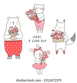 Draw vector set cute cat bear rabbit and fox holding flower.Spring concept.Doodle style.