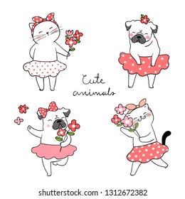 Draw vector set cute cat and pug dog holding flower.Spring concept.Doodle style.